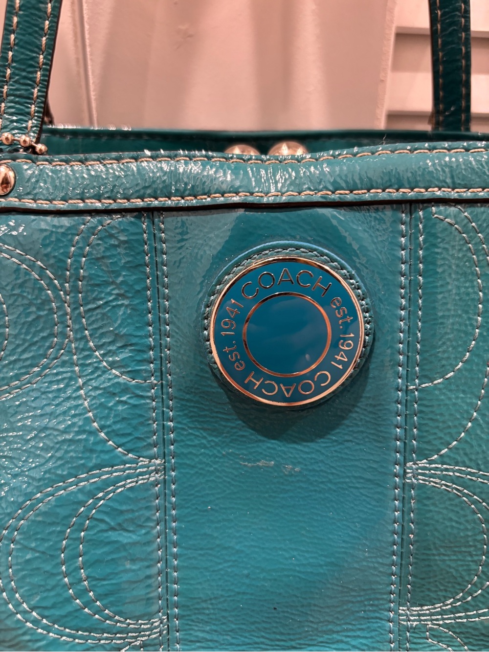 Coach Kiss Lock Carryall (Model F19215) Teal Patent Leather Tote - Picture 2 of 8